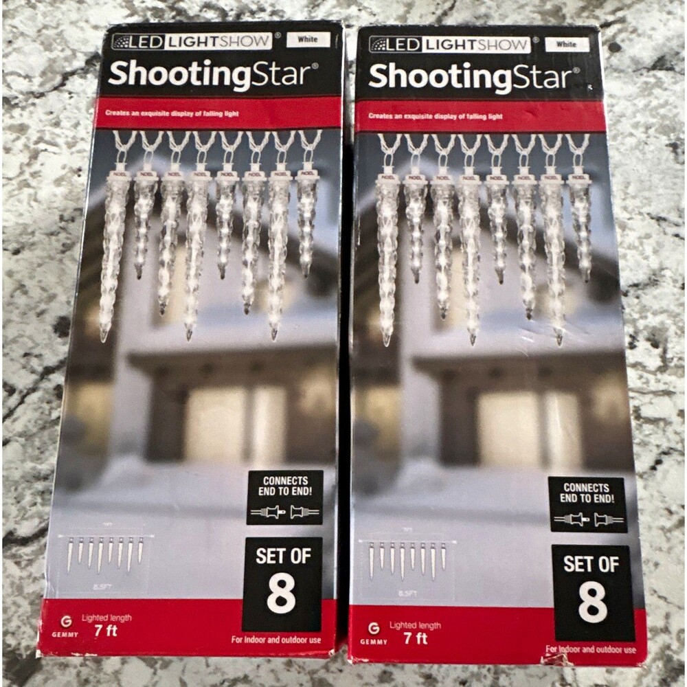 2 Sets Gemmy LightShow ShootingStar LED White Icicle Lights Set of 8, 7 ft